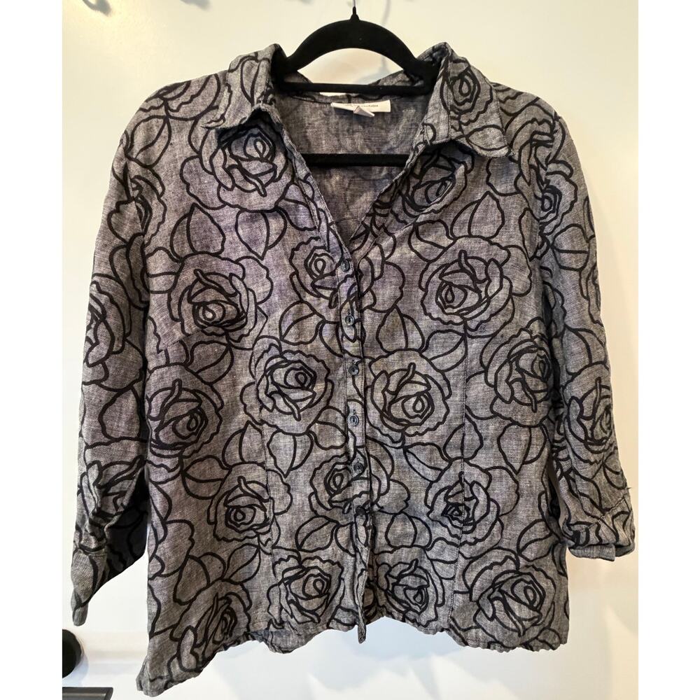 100% Linen JM Collection Rose Pattern 3/4 Sleeve Womens Plus Size 16